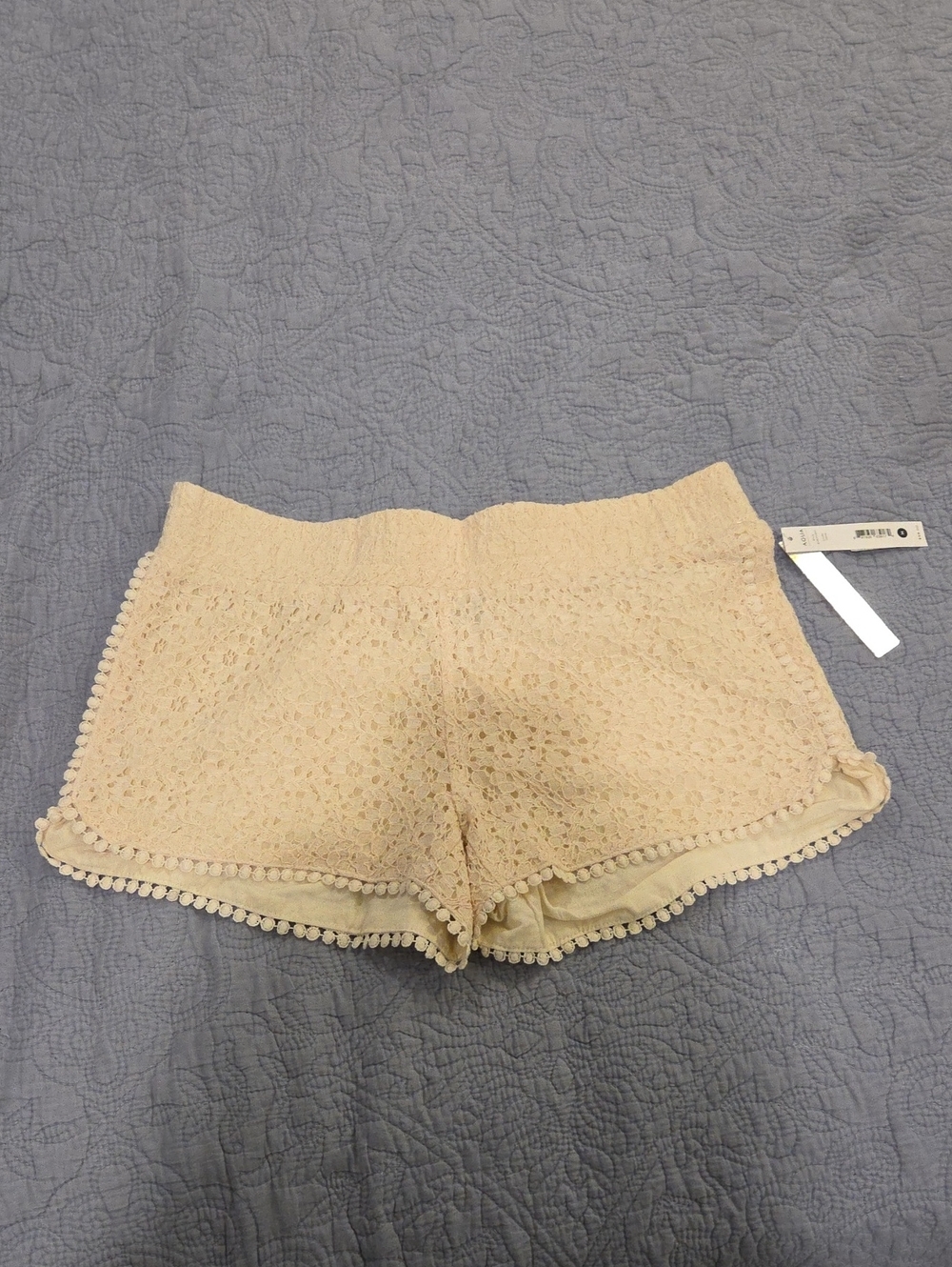 AQUA Cream Floral Lace Shorts with Pom-Pom Hem, Size Medium, New With Tags!